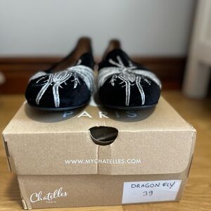 Black Flats with White Embroidery